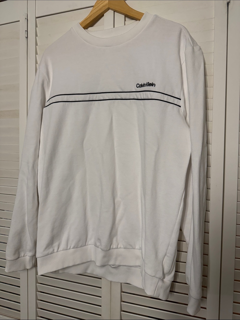 Calvin Klein Men’s White Crewneck Sweatshirt with Navy Stripe